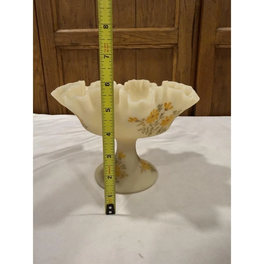 Fenton Satin Custard Compote Pedestal Ruffle Top Candy Dish Bowl Hand Painted